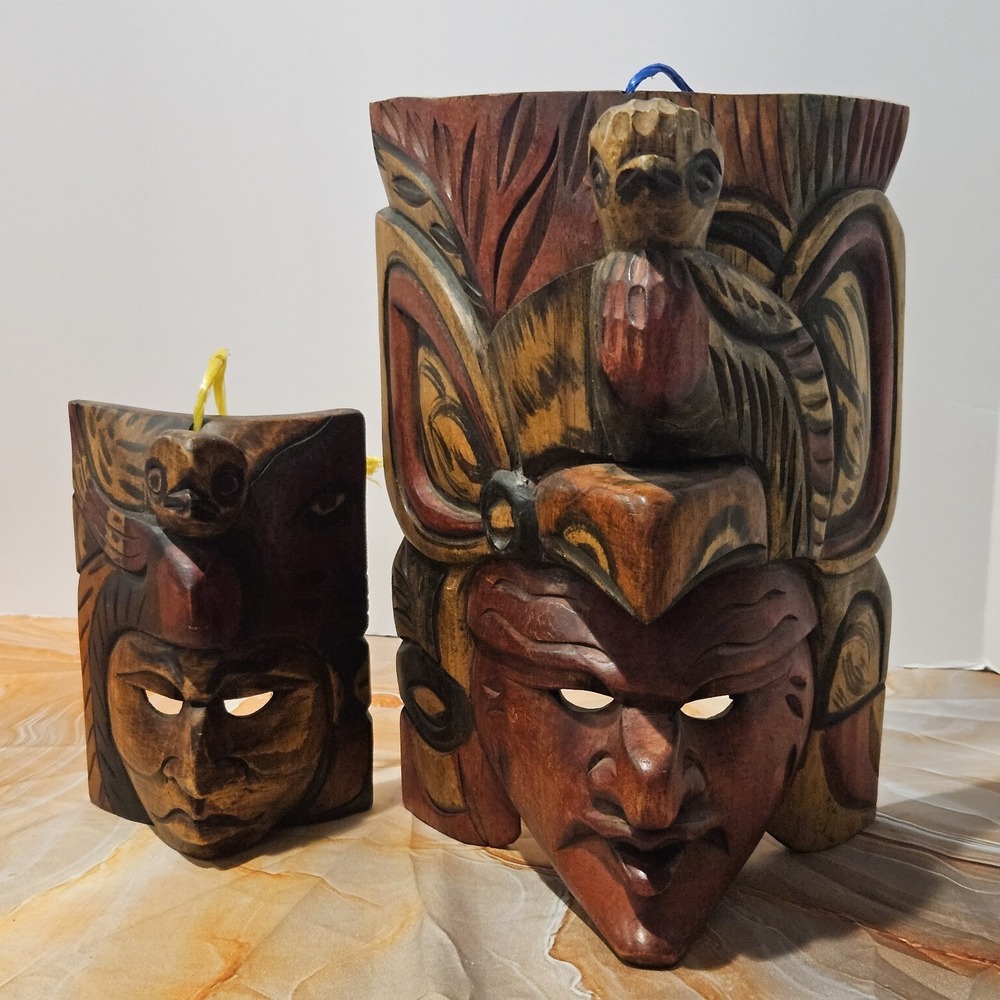 Hand Carved Wooden Tribal Style Wall Masks Tropical Folk Art Decor Pair